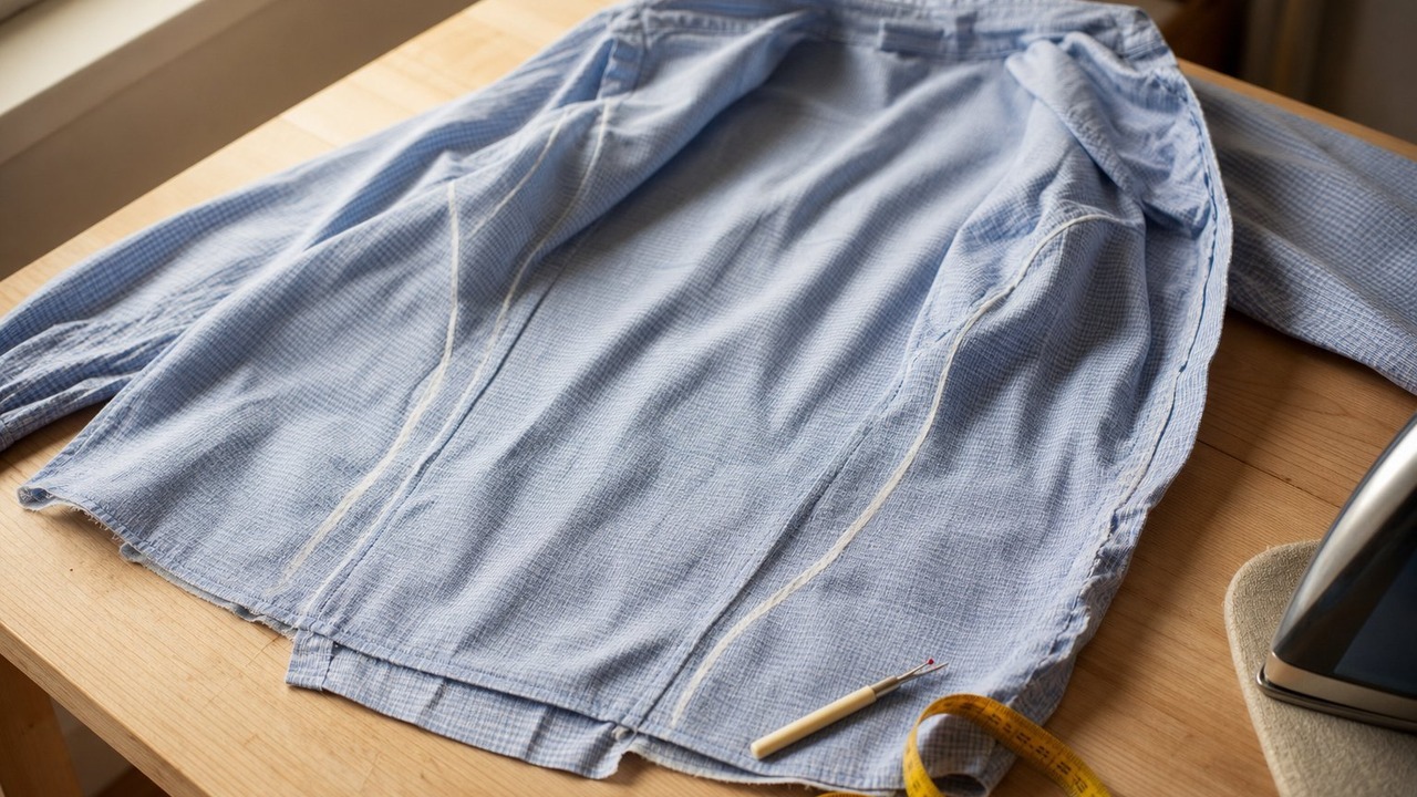 A pale blue checked men's shirt turned inside out on a cutting table with tailor's chalk lines curving along the side seam