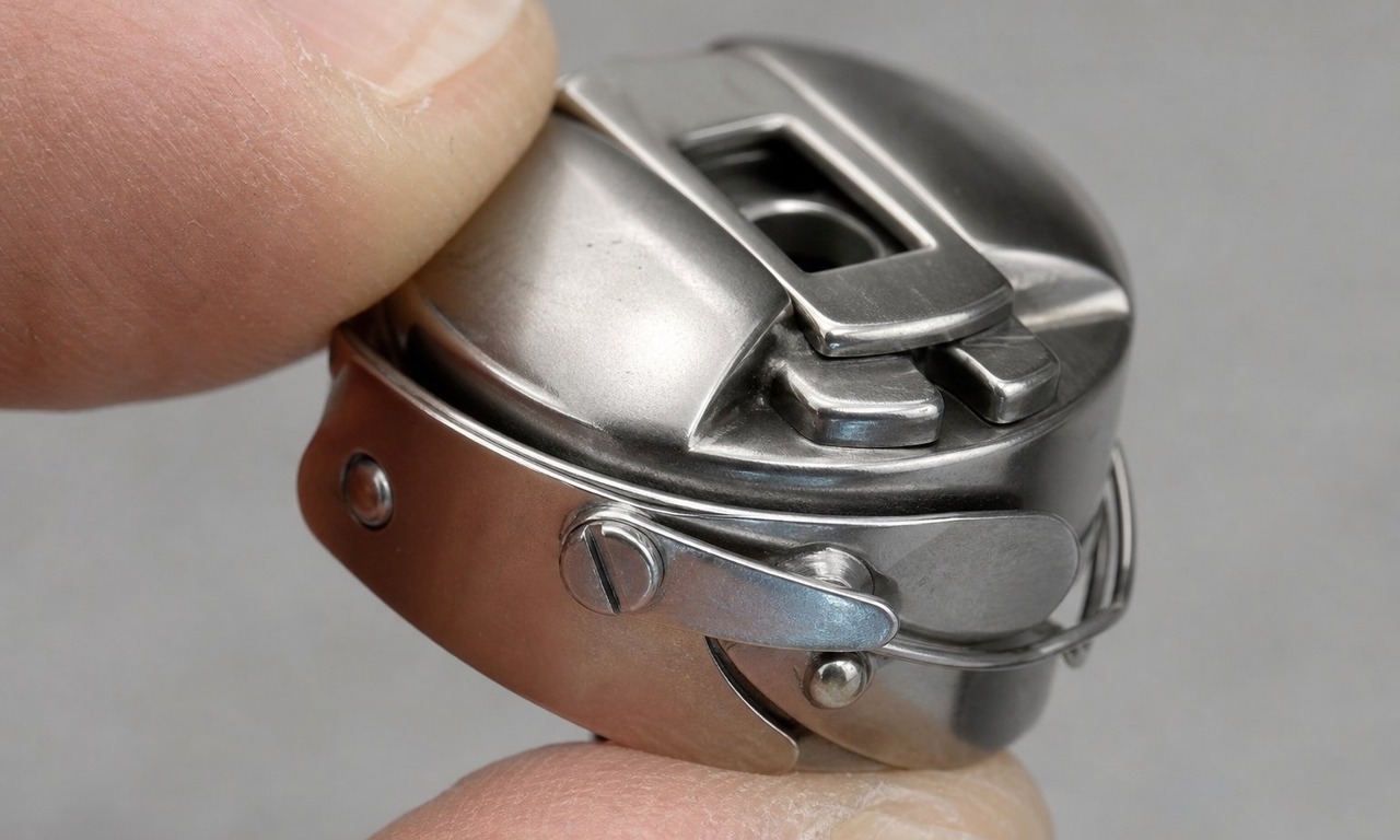 Close-up of a metal bobbin case for a front-loading Singer with the tension spring and small adjustment screw visible on the side