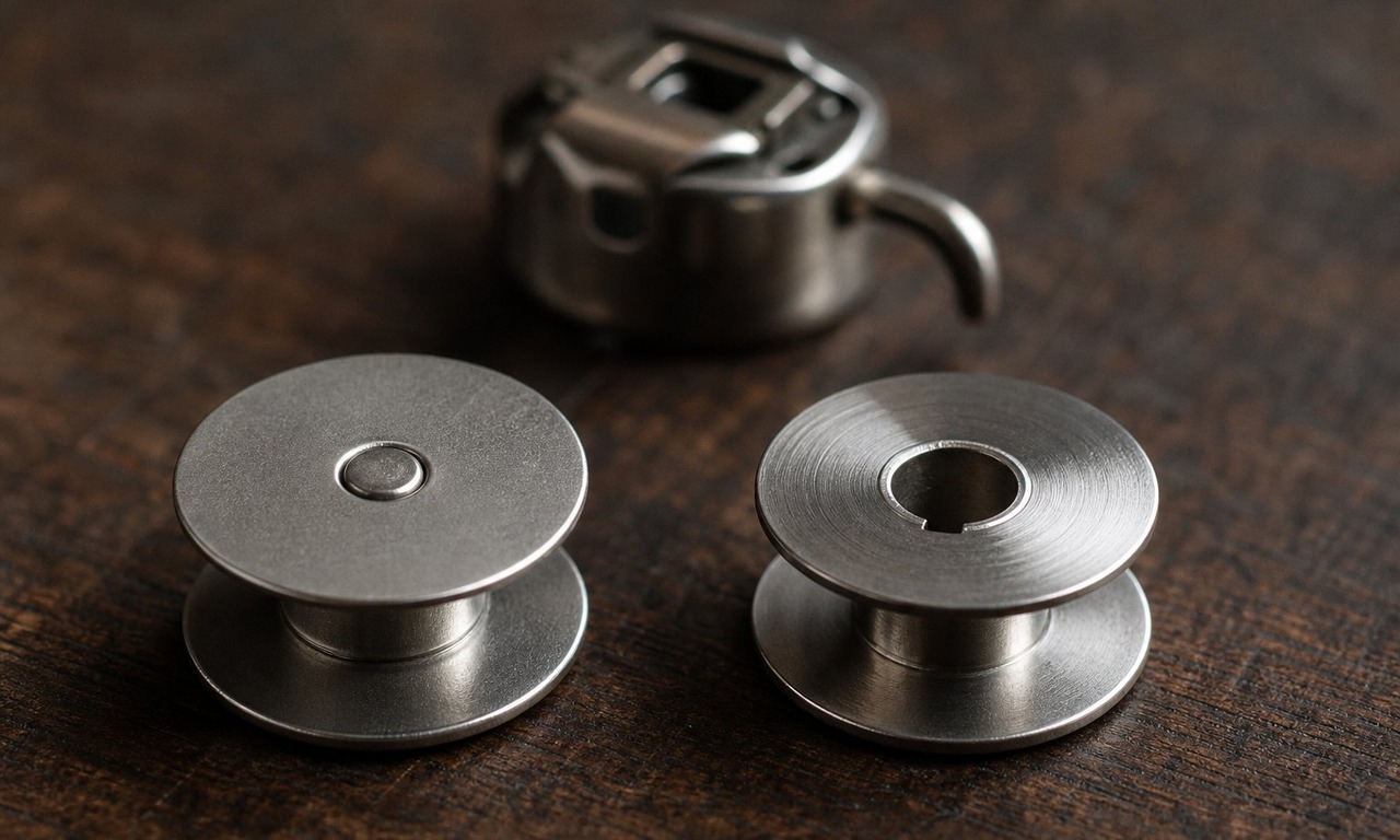 A flat Class 15 bobbin beside a Class 66 bobbin with its centre hole and notch, both on a dark table with a metal bobbin case behind them