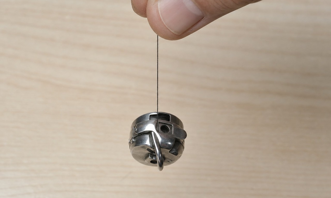 A metal bobbin case hanging from a length of thread held between finger and thumb, photographed against a plain wooden surface