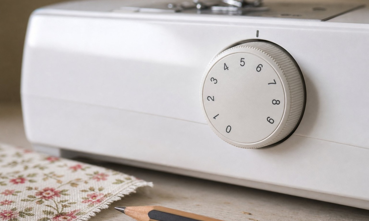 Close-up of a Singer top tension dial set between the 4 and 5 marks with a scrap of test fabric and pencil beside it