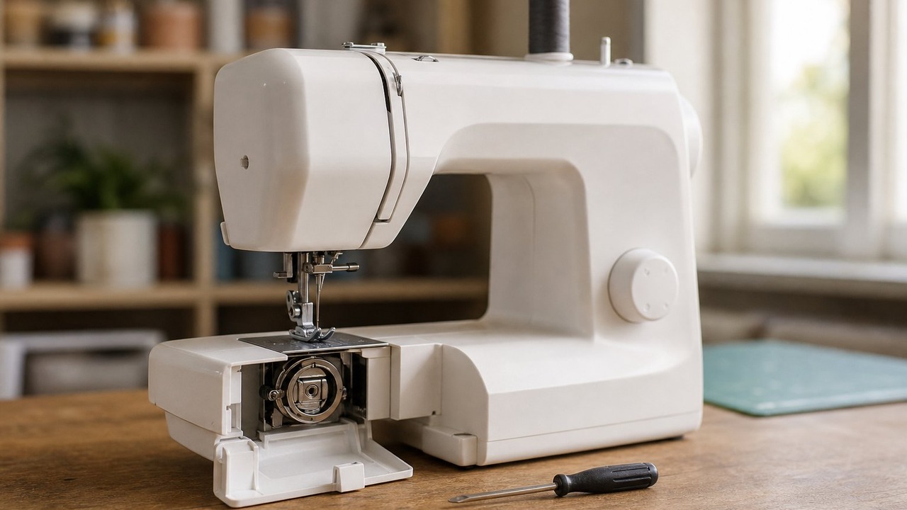 Singer sewing machine with the bobbin cover open, a metal bobbin case and a spool of dark thread on the table beside it