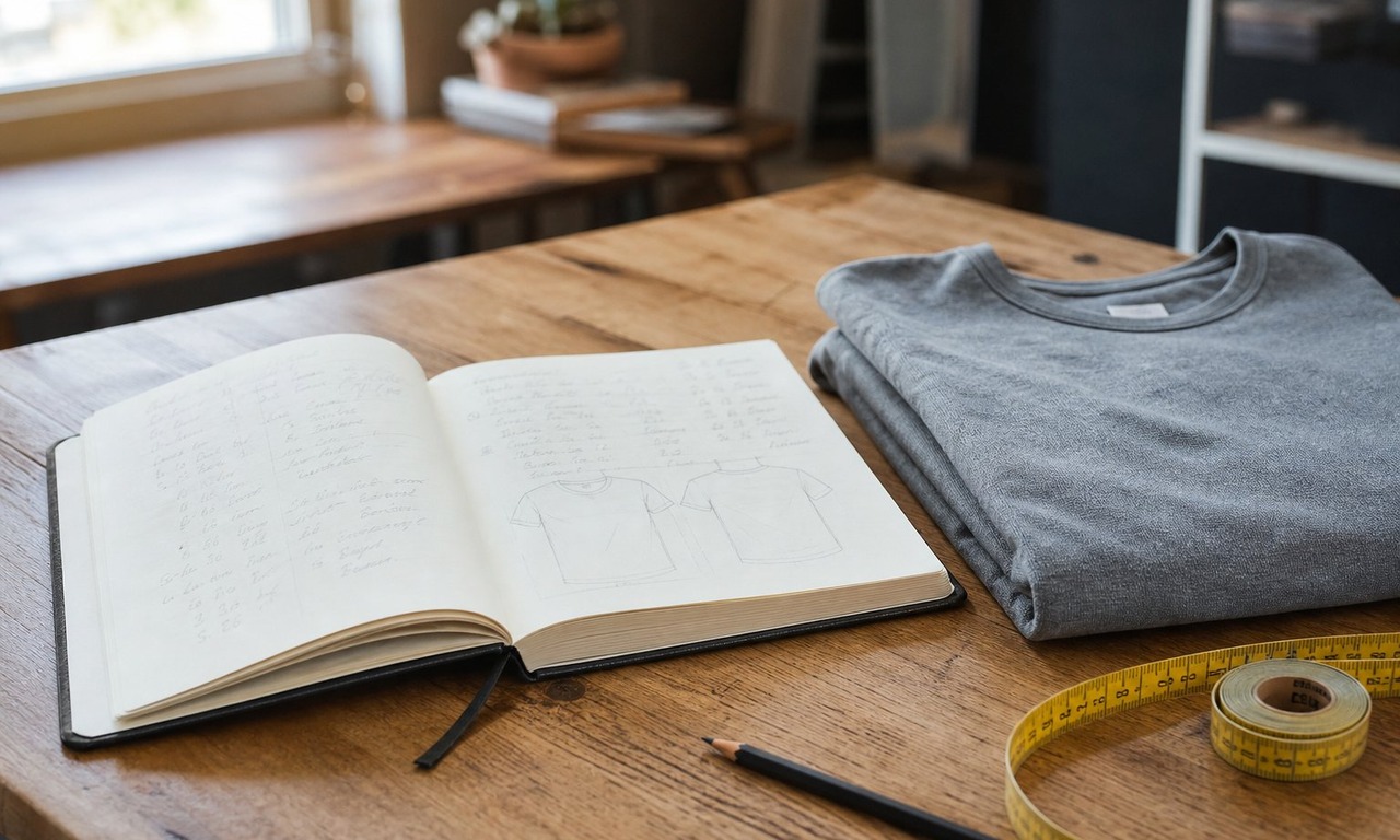 An open notebook with fit notes beside a folded t-shirt, a tape measure and a pencil on a workbench