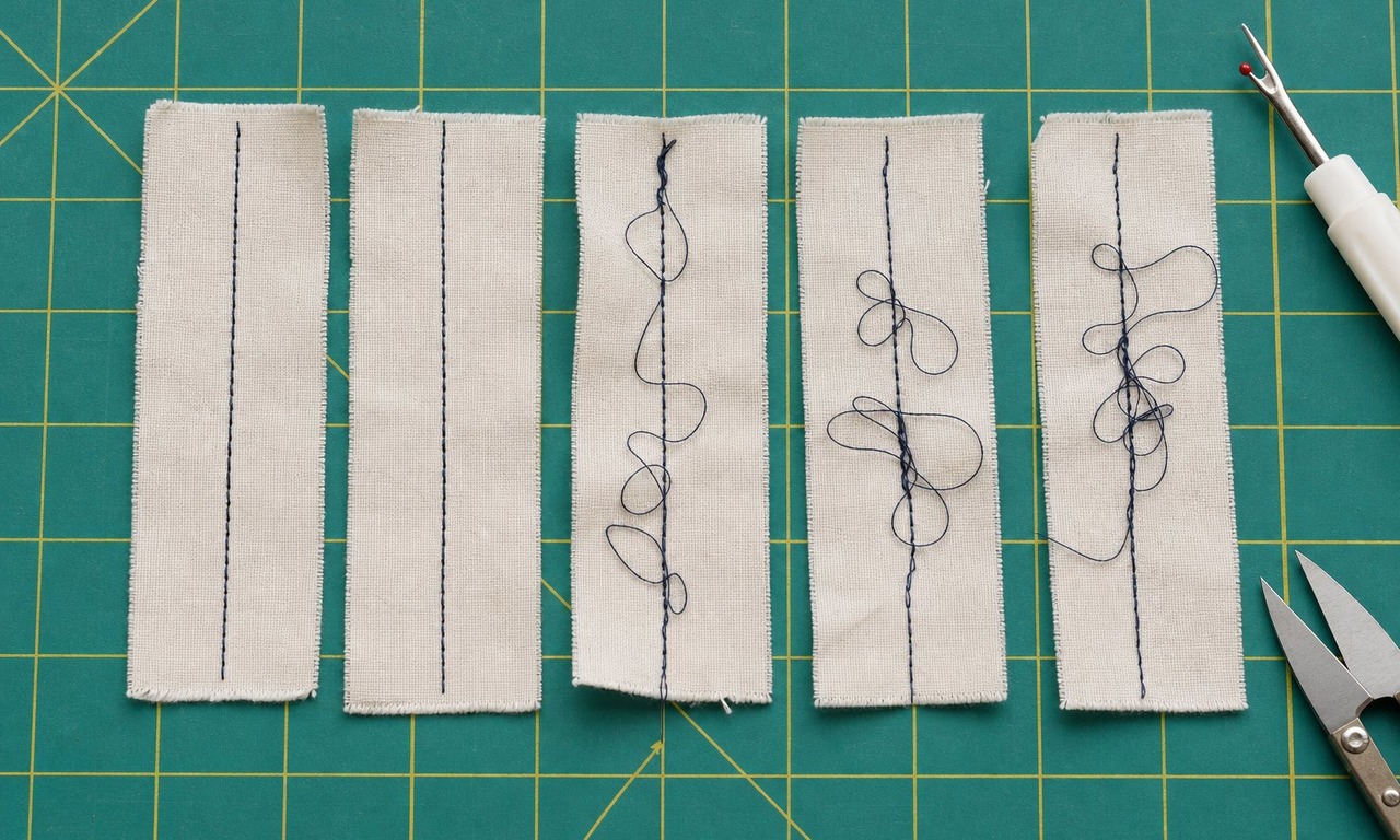 Two short fabric strips with a single line of test stitches, one balanced and one looping underneath