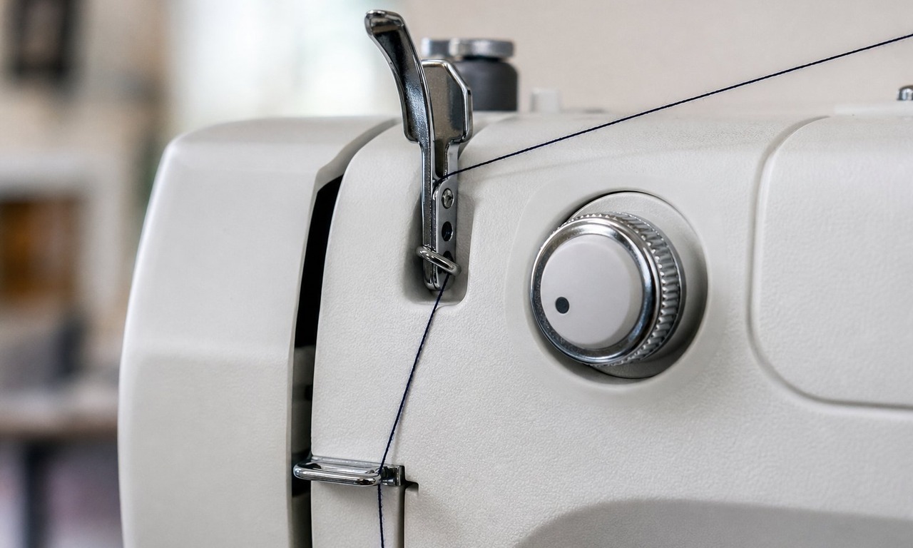 Close-up of the upper thread path on a sewing machine with the thread crossing the take-up lever and tension discs